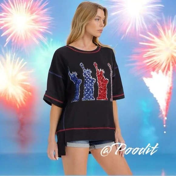 FANTASTIC FAWN sequin liberty patriotic oversized tee S M L - Picture 3 of 8